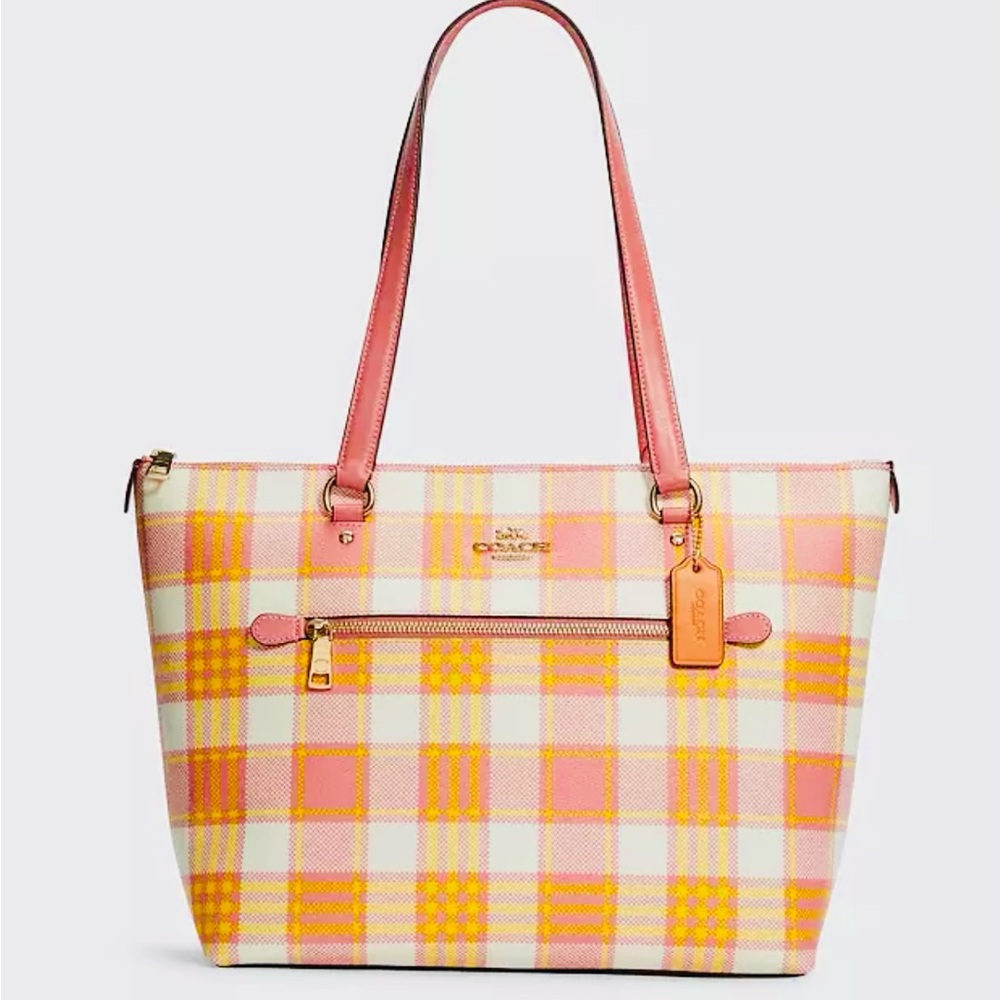 Coach Gallery Tote Bag with Garden Plaid Print.